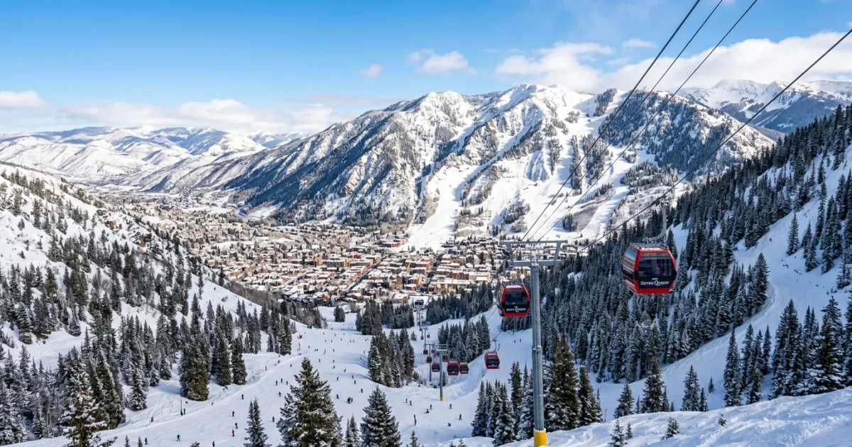 Panoramic view of Aspen Mountain and the Silver Queen Gondola in winter