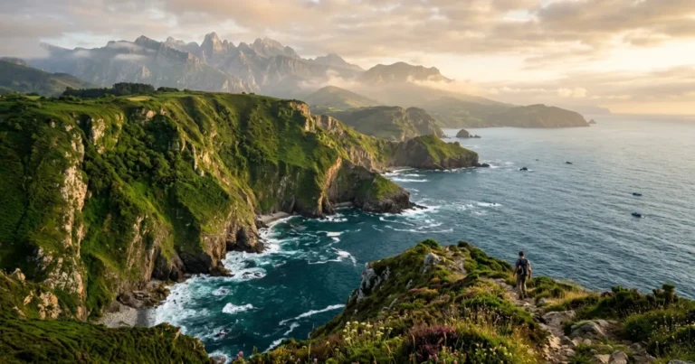Asturias 19 Dramatic green cliffs and coastline of Asturias with mountains in the background
