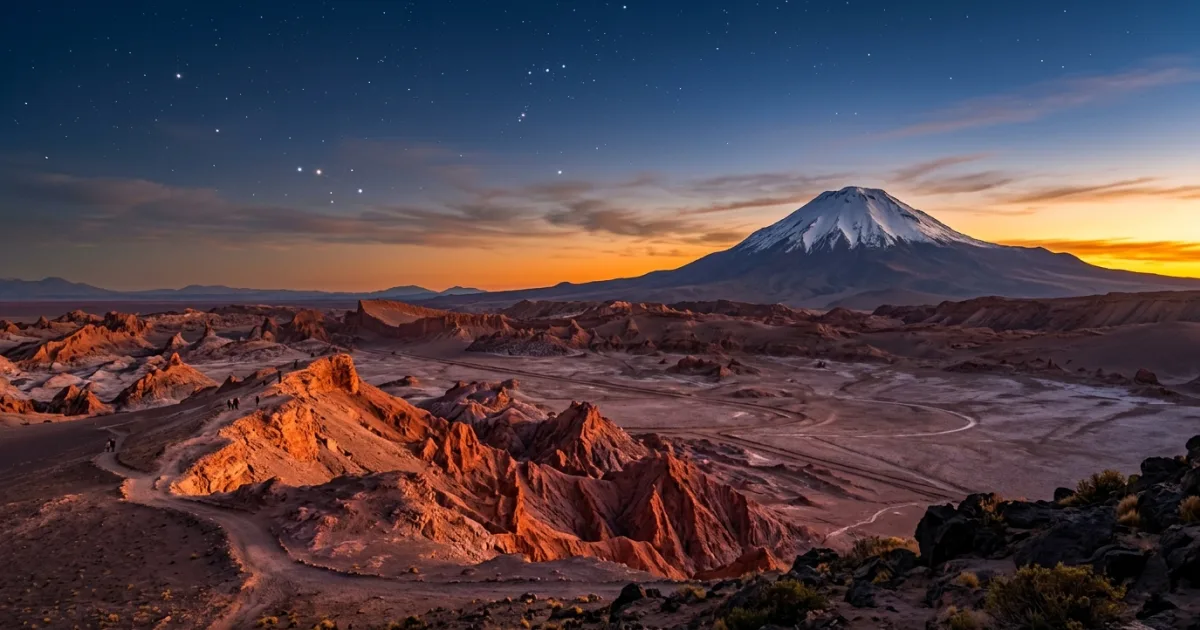 Travel Guides 10 Sunset over the rugged rock formations of Valle de la Luna in the Atacama Desert