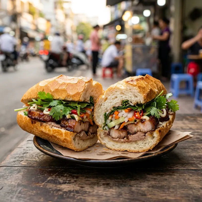 A traditional Vietnamese Banh Mi sandwich filled with pork, pate, and fresh vegetables
