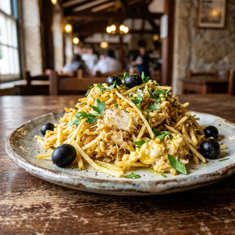 Bacalhau à Brás on a rustic plate
