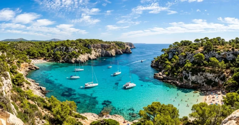 Balearic Islands 18 Panoramic view of a beautiful cove in the Balearic Islands with turquoise water and sailboats