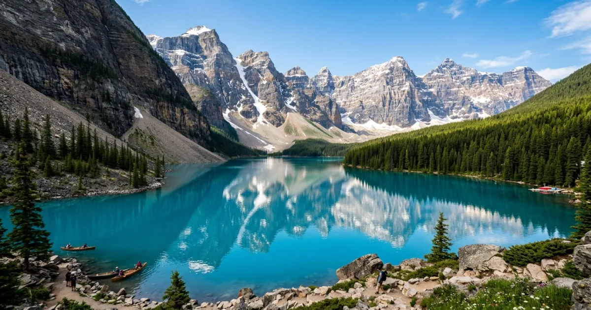 Wide-angle view of Moraine Lake and the Valley of the Ten Peaks in Banff National Park