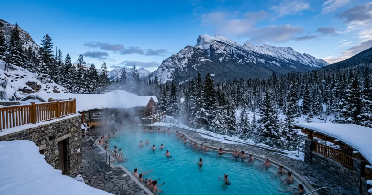 People relaxing in the steamy Banff Upper Hot Springs with snow-capped Mount Rundle in the background