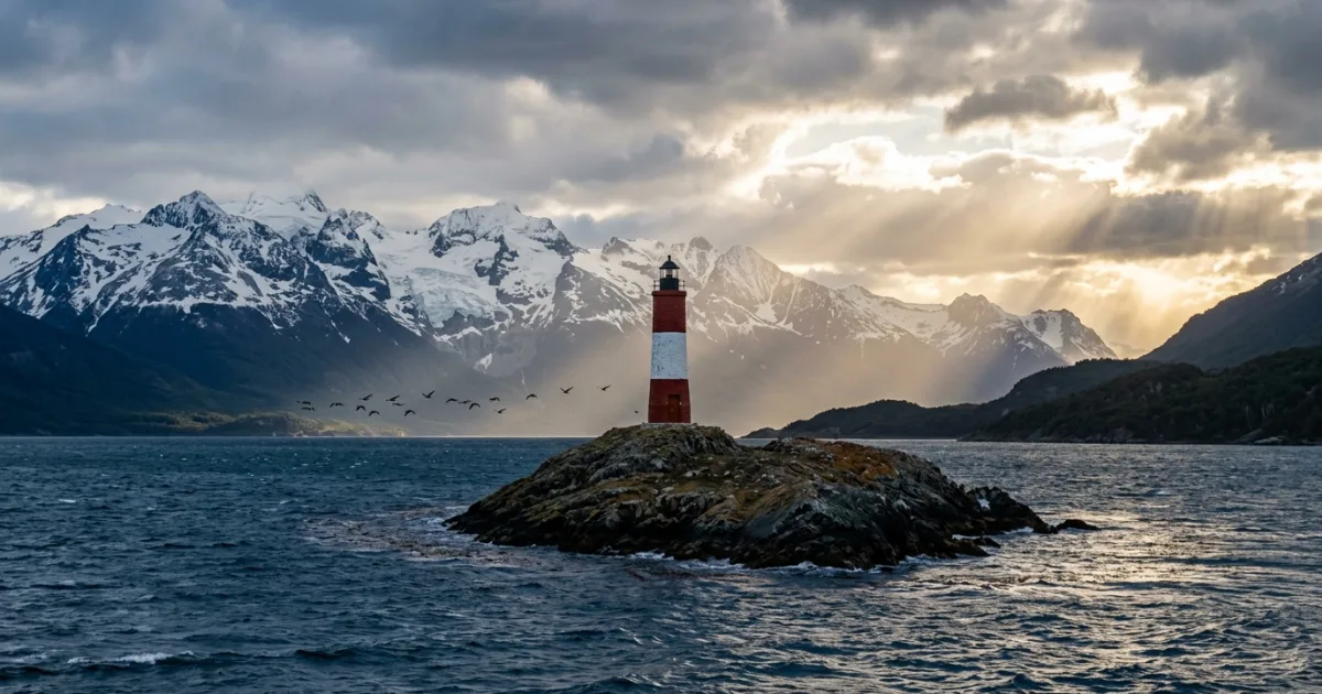 Les Eclaireurs Lighthouse in the Beagle Channel with snow-capped mountains in the background
