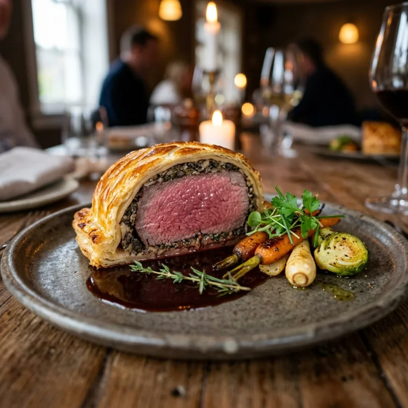 A slice of classic British Beef Wellington with red wine jus