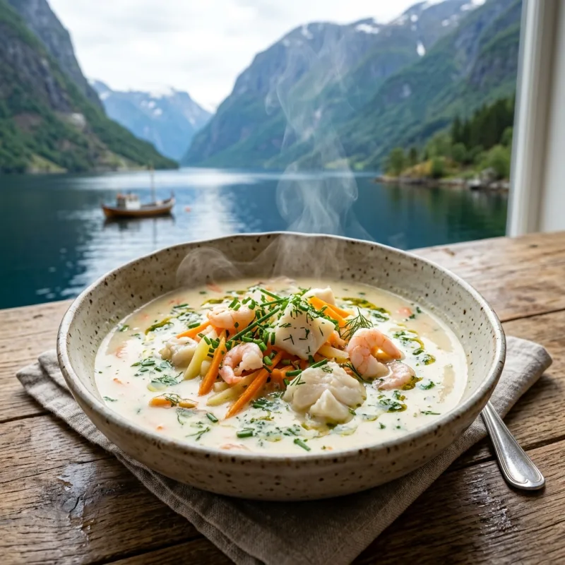A bowl of traditional creamy Norwegian fish soup