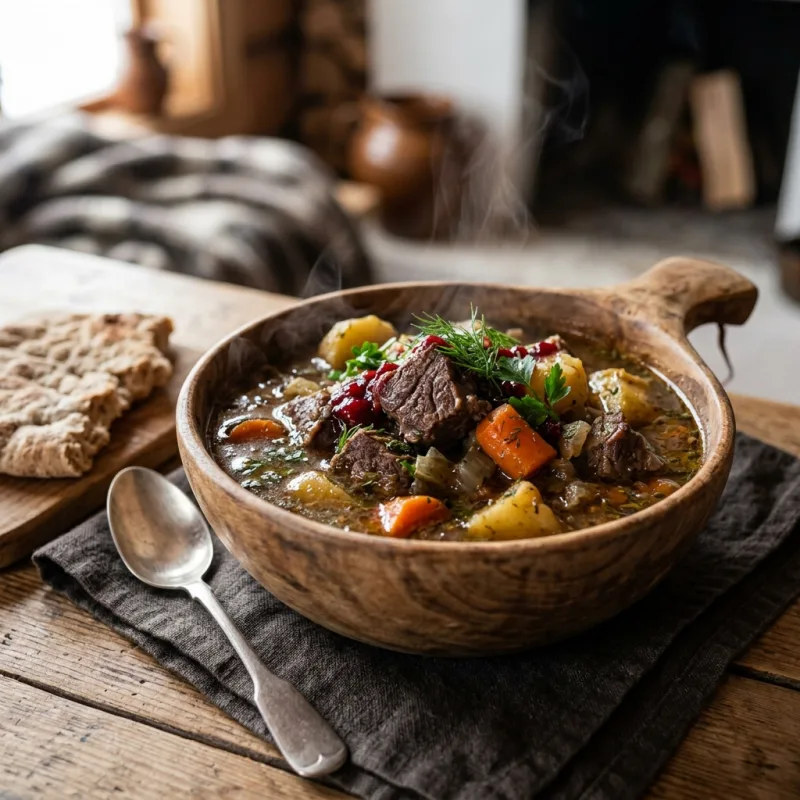 A bowl of traditional Sámi reindeer stew known as Bidos