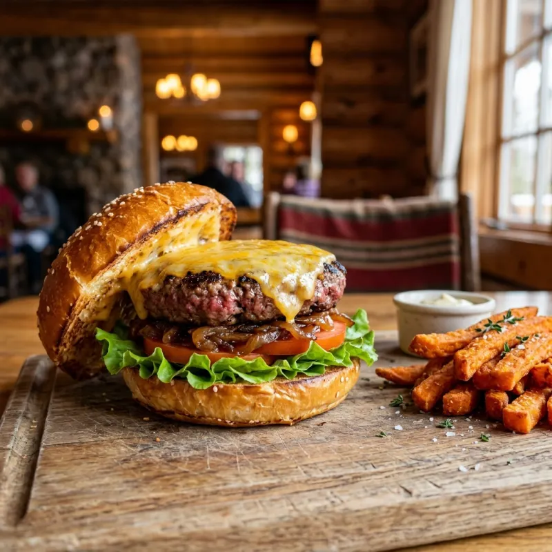 A delicious bison burger with sweet potato fries on a wooden board