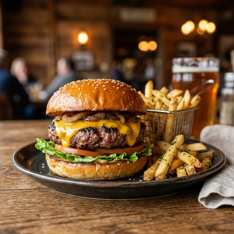 A juicy bison burger with caramelized onions and fries on a rustic wooden table