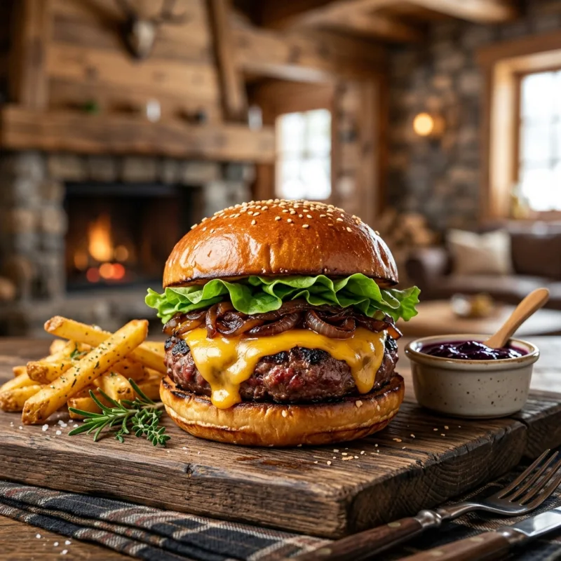 A gourmet bison burger served with fries and huckleberry BBQ sauce