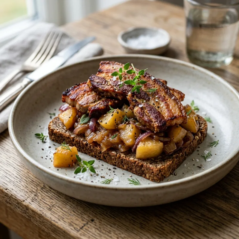 Traditional Danish Æbleflæsk with pork belly and apples on rye bread