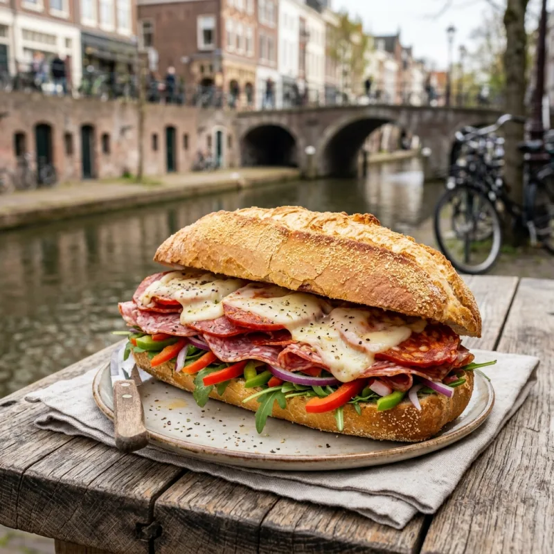 A freshly made Broodje Mario sandwich on a wooden table near a canal in Utrecht