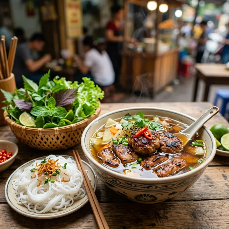 A traditional serving of Bun Cha with grilled pork, rice noodles, and fresh herbs