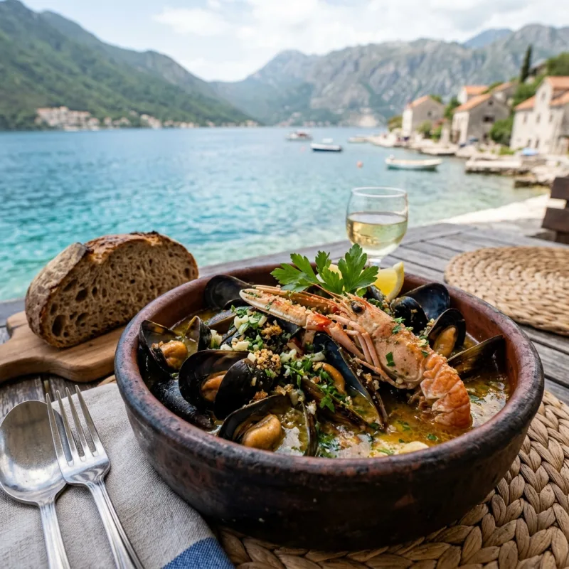 A bowl of traditional Montenegrin Buzara seafood stew with mussels and bread