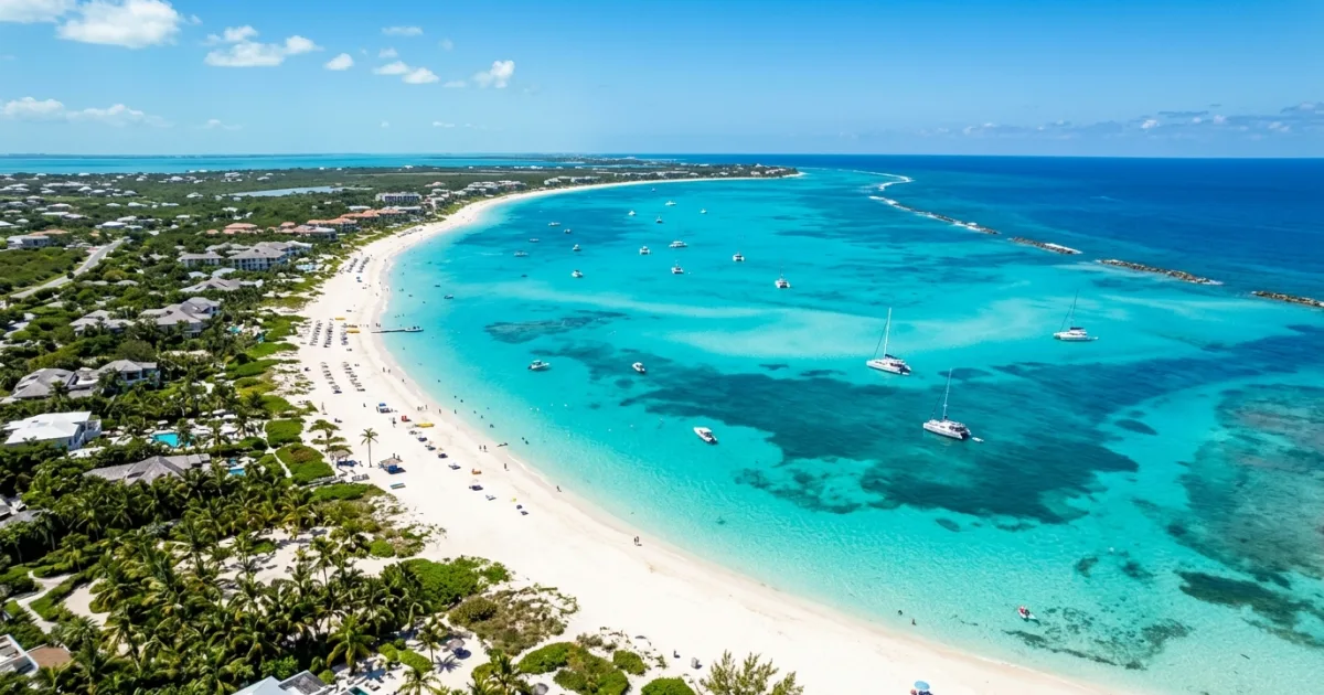 Aerial view of the pristine white sand and turquoise waters of the Caicos Islands