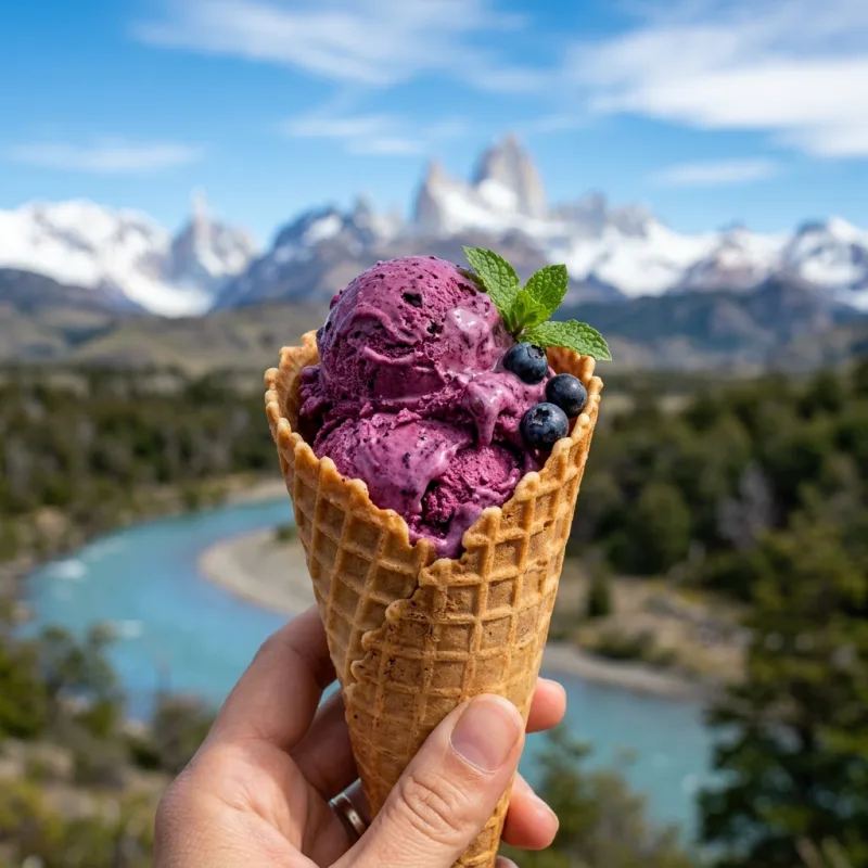 A scoop of purple Calafate berry ice cream in a cone