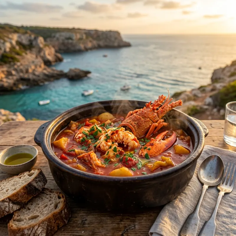 Caldereta de Langosta lobster stew in an earthenware pot