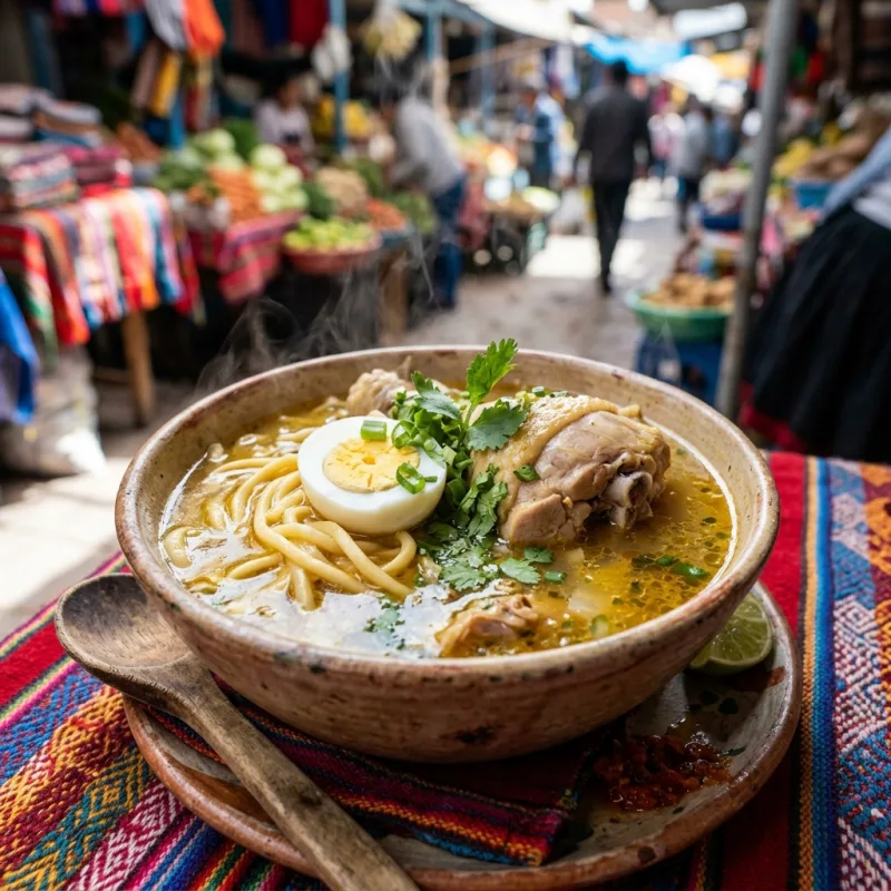 A steaming bowl of traditional Peruvian Caldo de Gallina soup