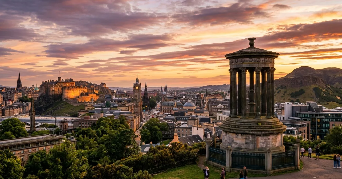 Panoramic view of Edinburgh from Calton Hill featuring the Dugald Stewart Monument