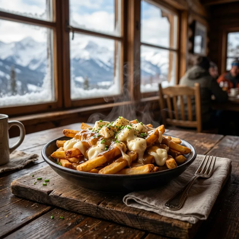A plate of traditional Canadian poutine in a ski lodge setting