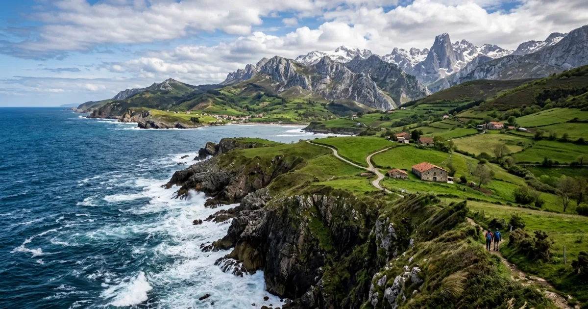 Scenic landscape of Cantabria featuring the Picos de Europa mountains and the Cantabrian Sea