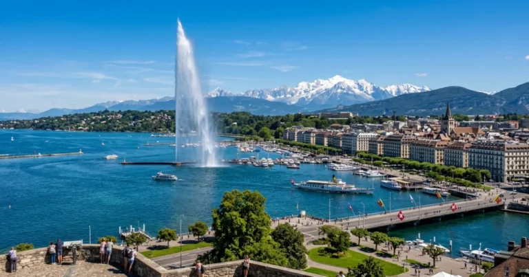 Canton of Geneva 12 Panoramic view of Lake Geneva and the Jet d'Eau with the Alps in the background
