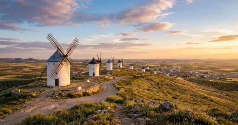 Castilla-La Mancha 15 Historic white windmills on a ridge in Castilla-La Mancha, Spain