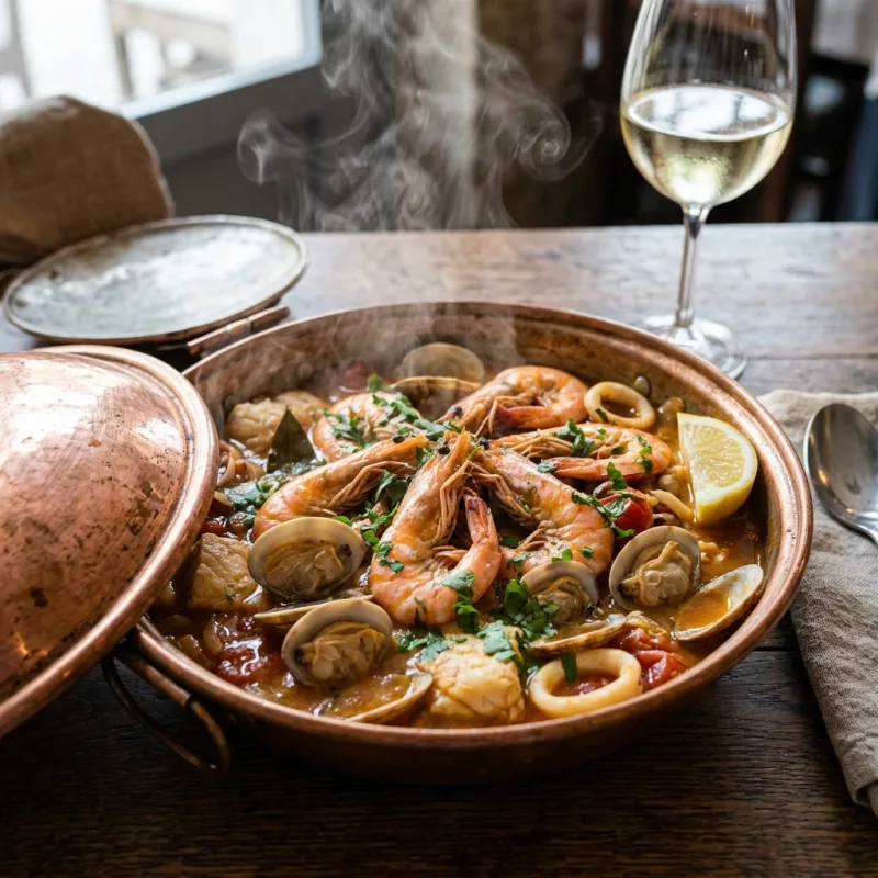 Cataplana de Marisco seafood stew in a traditional copper pan