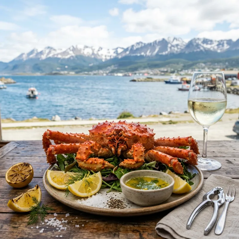 Freshly prepared Fuegian King Crab on a wooden table