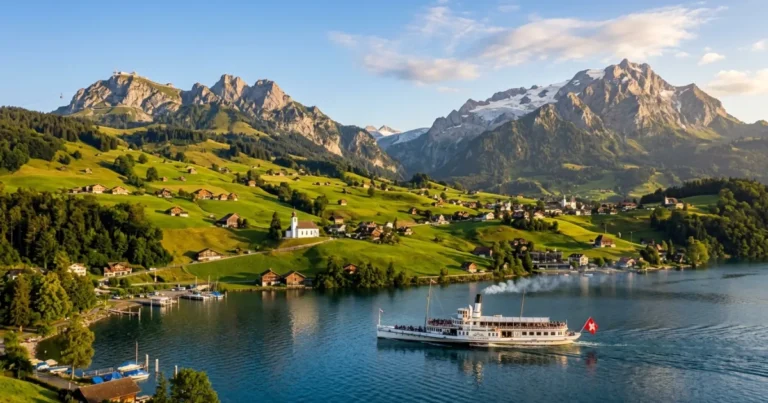 Central Switzerland 4 Scenic wide-angle view of Lake Lucerne and the surrounding Swiss Alps in Central Switzerland