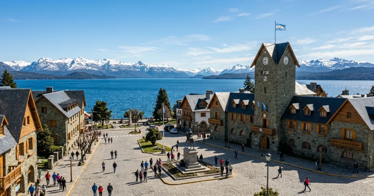 Panoramic view of Centro Civico Bariloche with Nahuel Huapi Lake in the background