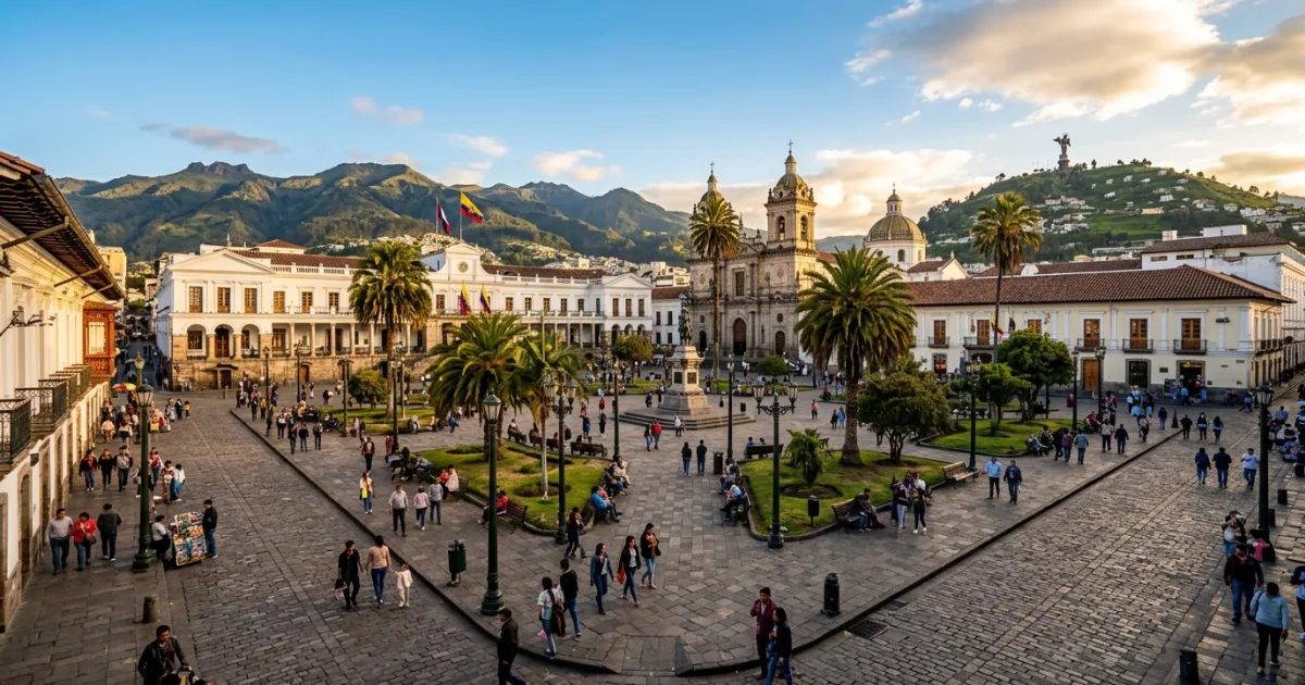 Panoramic view of Centro Historico Quito featuring colonial architecture and Plaza Grande
