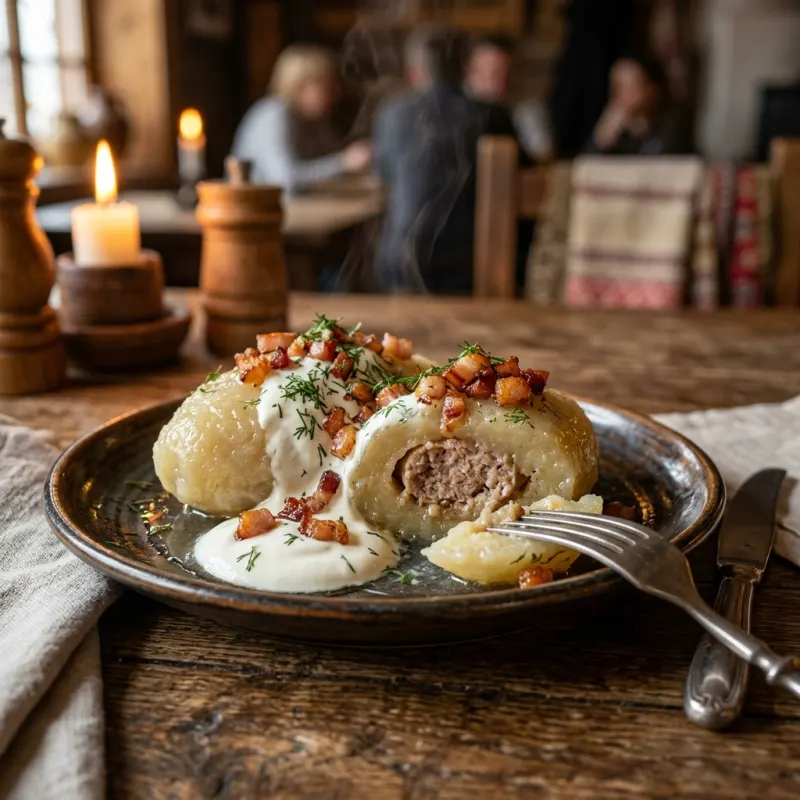Traditional Lithuanian Cepelinai dumplings with sour cream and bacon