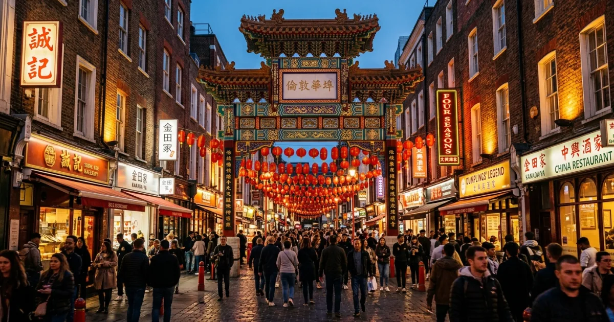 Gerrard Street in London's Chinatown illuminated by red lanterns at dusk