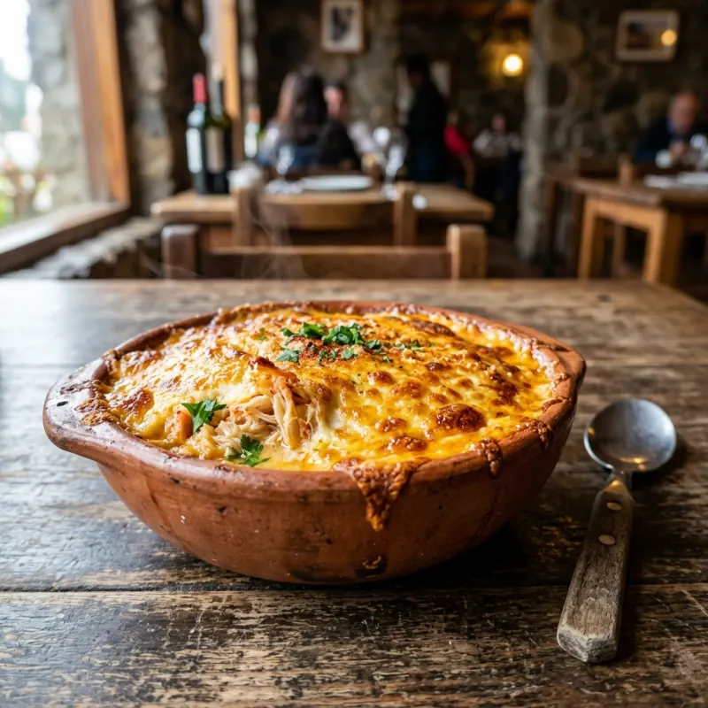 A traditional clay bowl filled with baked Chupe de Centolla