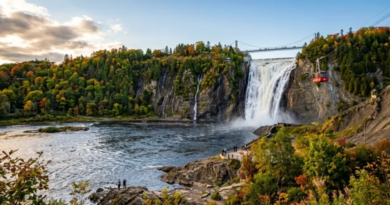 Chute Montmorency 1 Wide-angle view of Chute Montmorency waterfall with suspension bridge and cable car