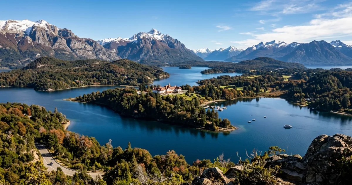 Panoramic view of Circuito Chico, Llao Llao Hotel, and Patagonian lakes in Bariloche
