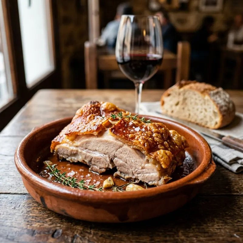 Cochinillo Asado served in a terracotta dish with a glass of red wine