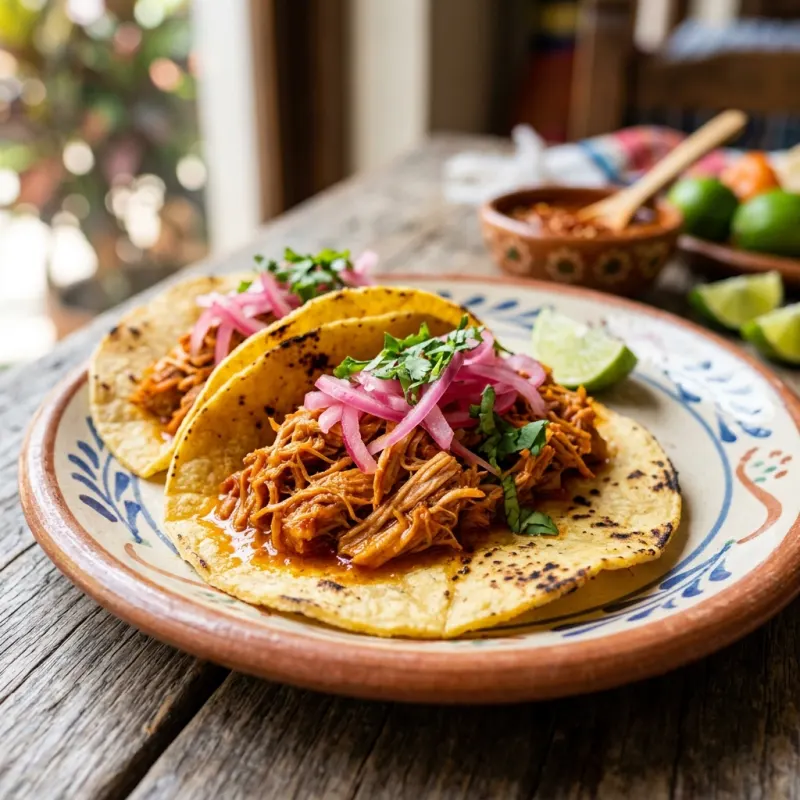 Authentic Cochinita Pibil tacos with pickled red onions on a ceramic plate