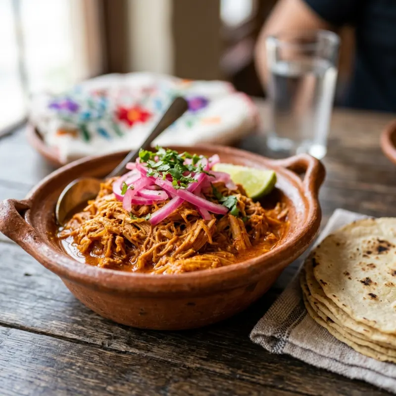 Cochinita Pibil with pickled red onions and tortillas