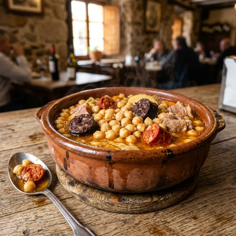 A traditional serving of Cocido Madrileño stew in a rustic setting
