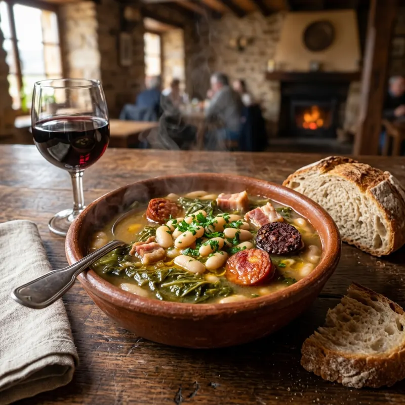 A traditional bowl of Cocido Montañés stew from Cantabria