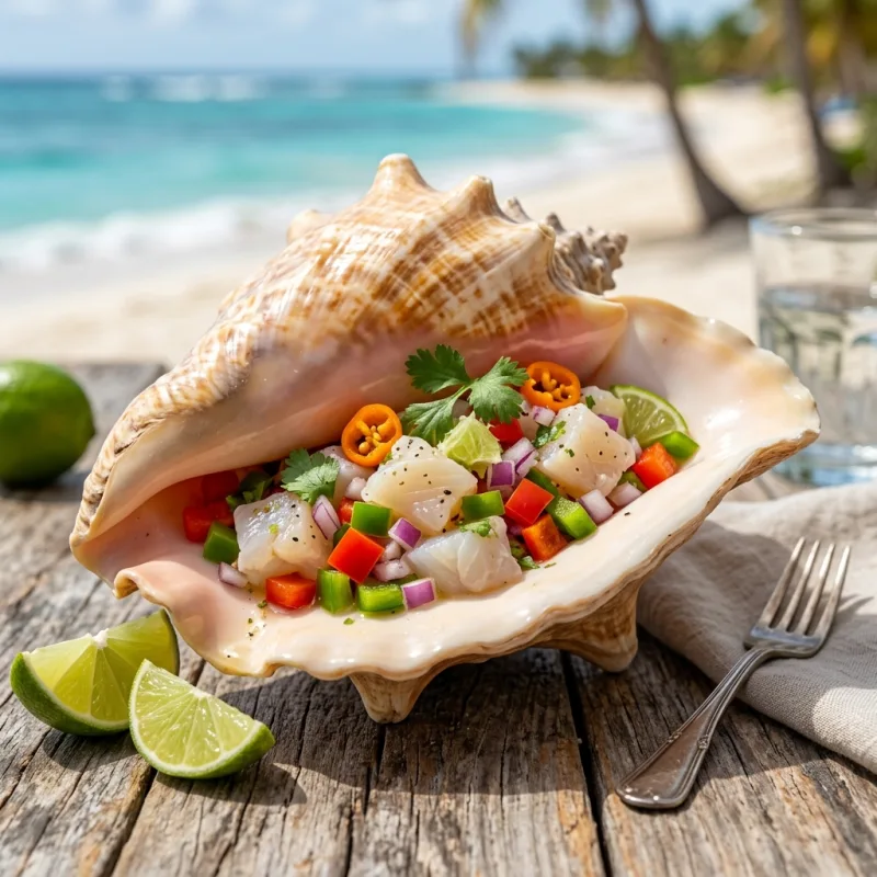 Fresh Conch Salad served in a conch shell on a beach table