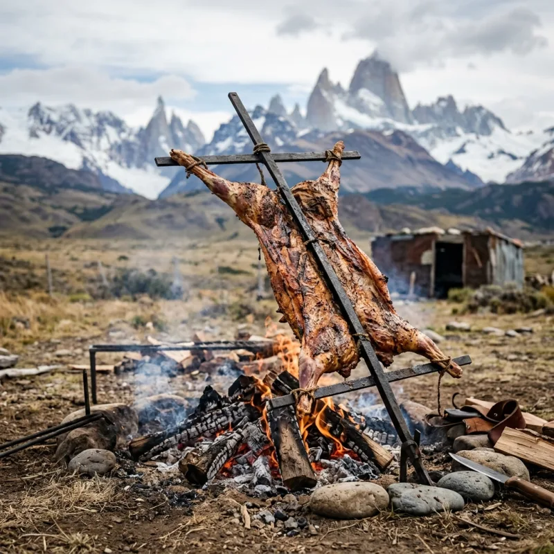 Cordero Patagónico roasting on an open fire in Patagonia