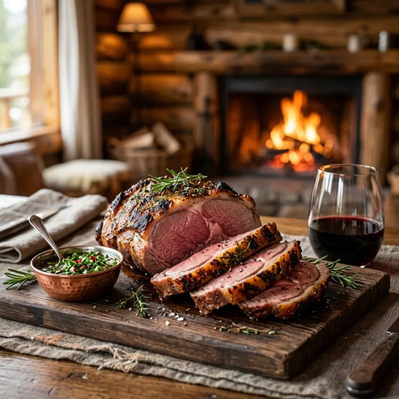 Cordero Patagónico served on a rustic wooden board with chimichurri