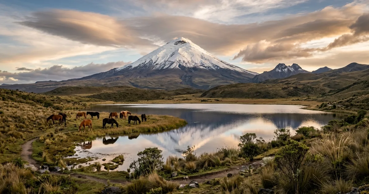 Snow-capped Cotopaxi volcano towering over the Andean paramo and Limpiopungo Lagoon