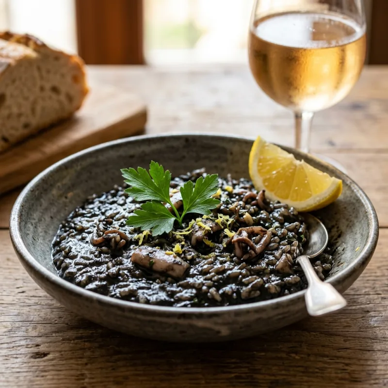 A bowl of traditional Croatian Crni Rižot, or black cuttlefish risotto