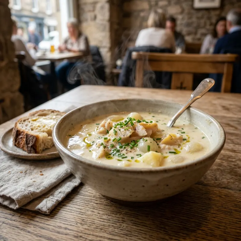 A bowl of traditional Scottish Cullen Skink soup with crusty bread