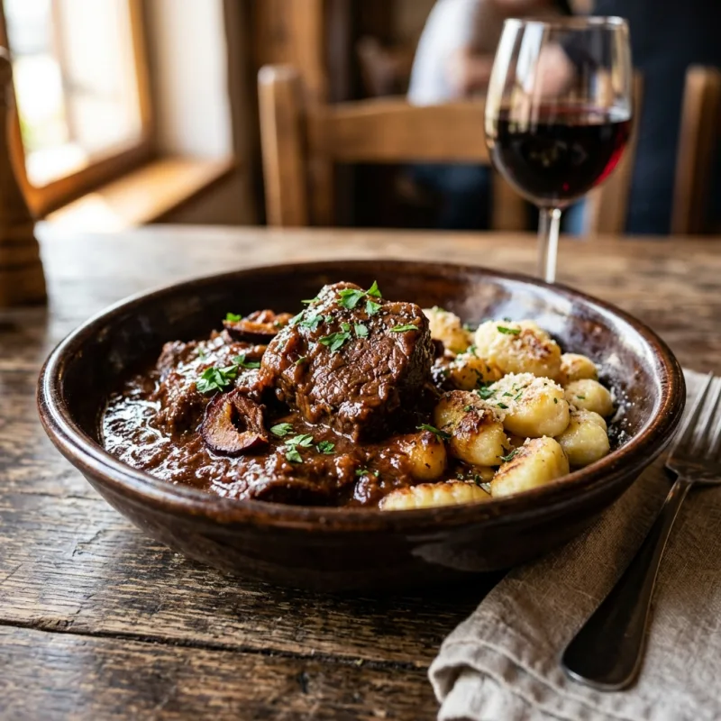 A bowl of Dalmatinska Pašticada with gnocchi